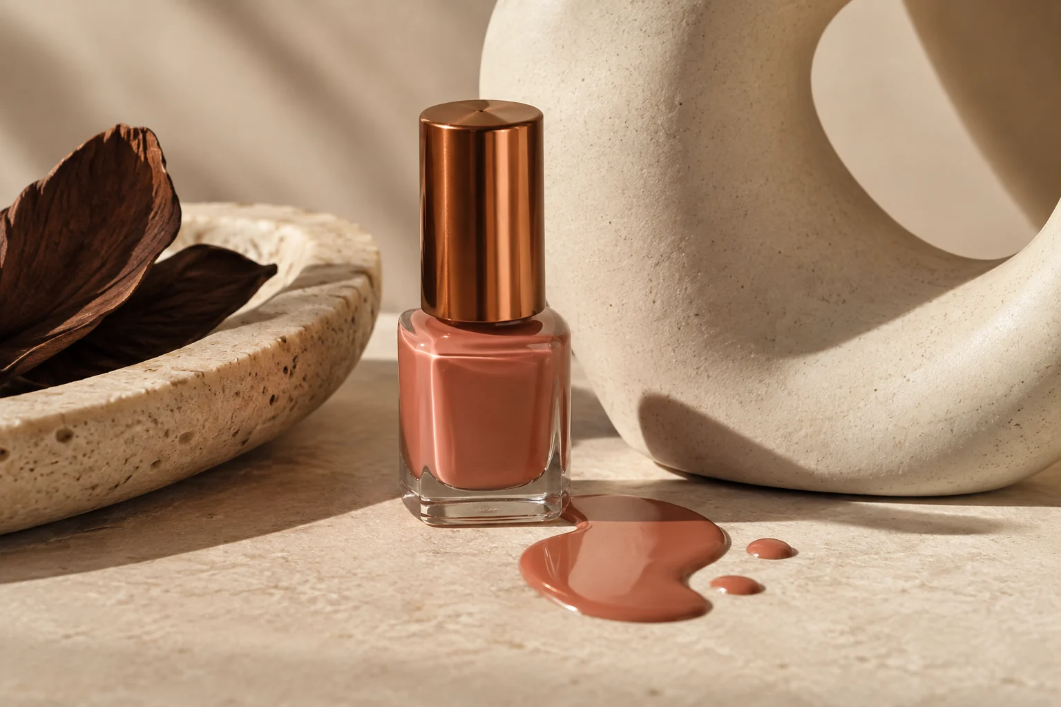 Copper nail polish and cream ceramics in warm light